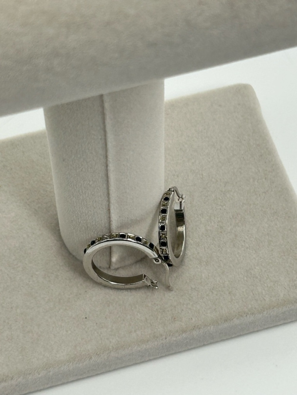 Sterling Silver Hoop Earrings Blue & Clear Crystals 1" Stamped 925 SLC - Picture 6 of 10